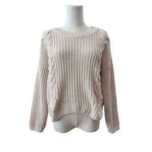Women's Medium Ivory Soft Knit Relaxed Cropped Braided Long Sleeve Cozy Sweater